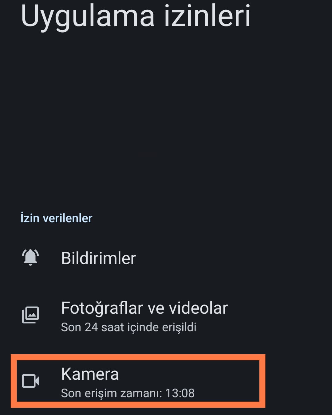 Uygulama kamera izinleri ayarı